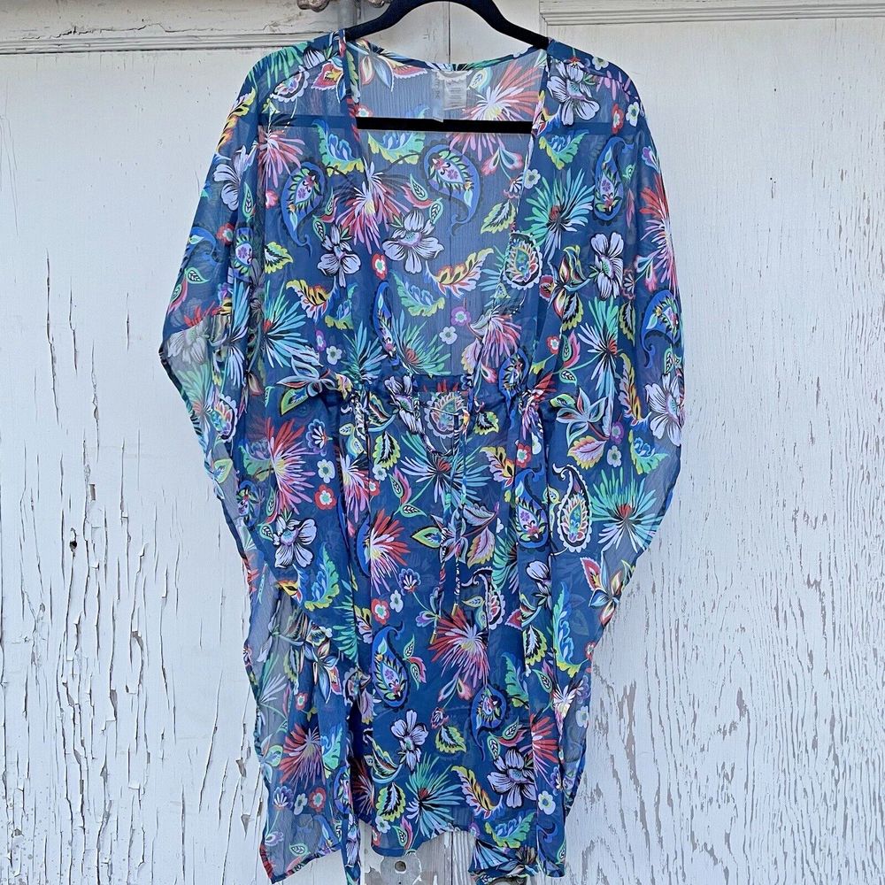Into The Bleu Swim Cover Up Women’s Large Blue Floral Caftan Top Bohemian Summer